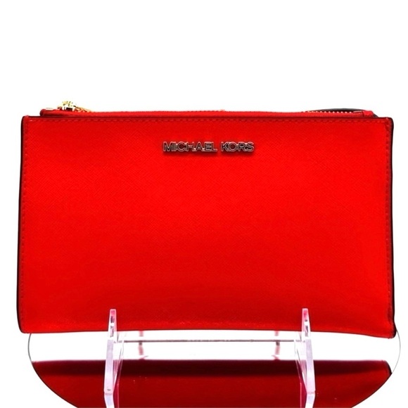 Michael Kors Large Double Zip Wallet Wristlet Red/Gold - Picture 2 of 9